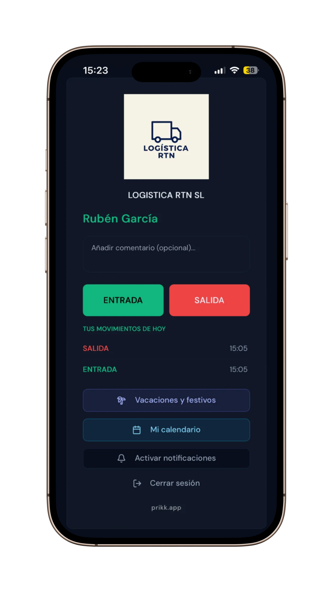 App de fichaje Prikk.app en el móvil